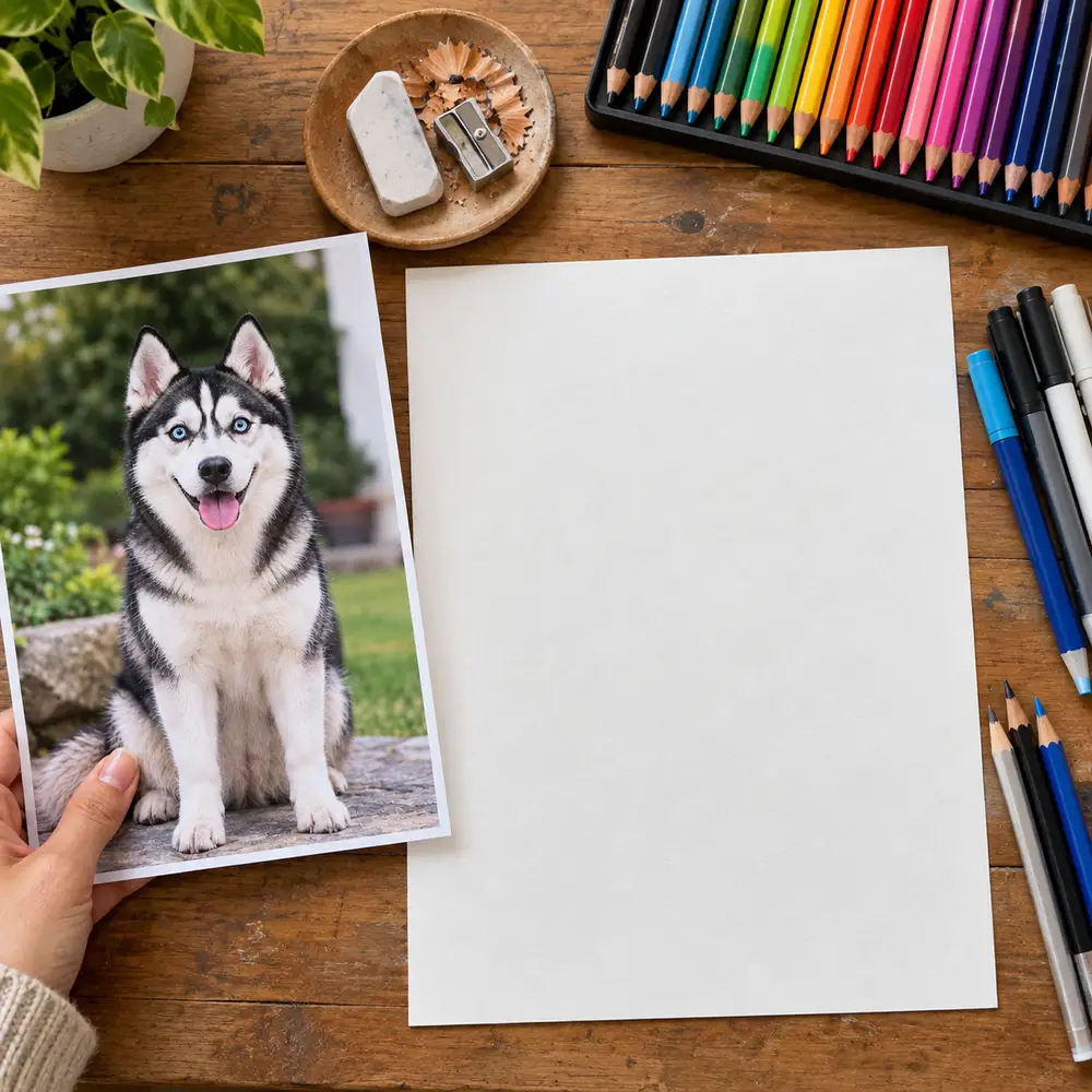 A reference photo of a husky held up next to blank paper, pencils, an eraser and a sharpener, ready to start