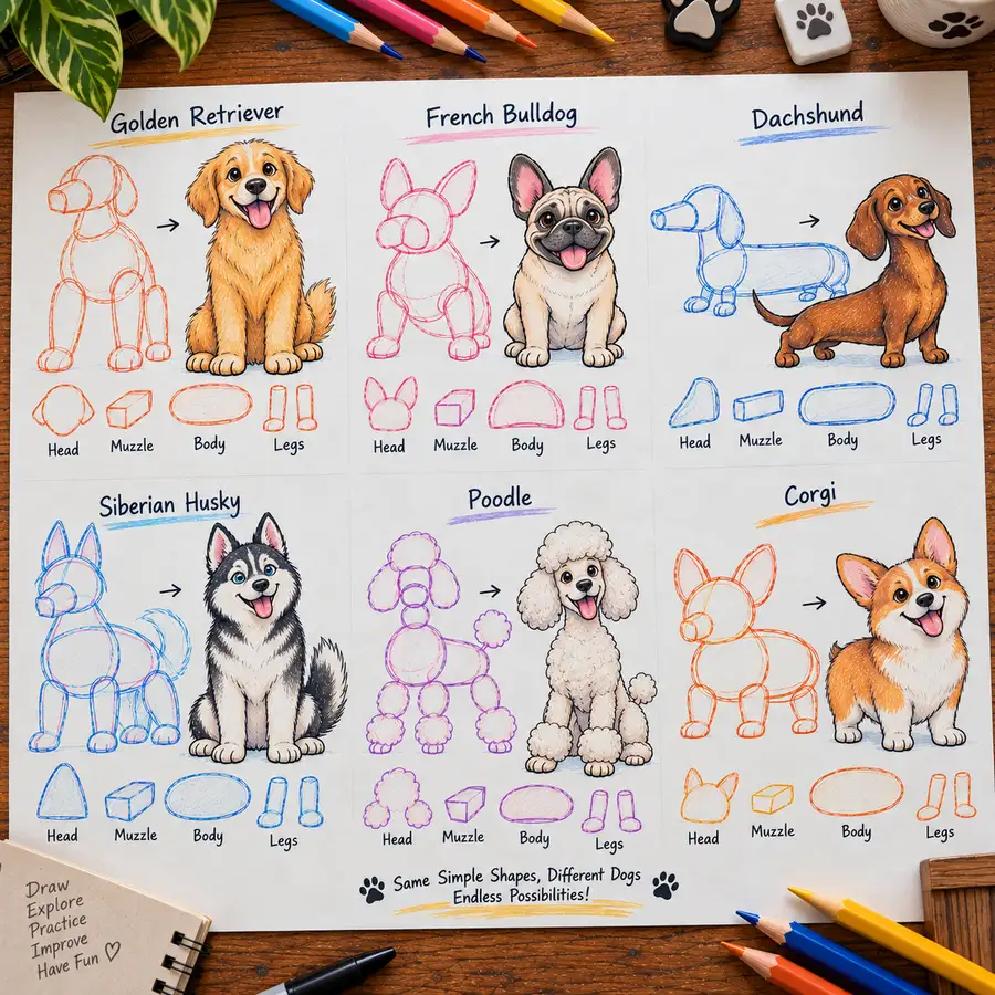 Six cartoon dog breeds each broken down into the same 4 basic shapes: head, muzzle, body and legs