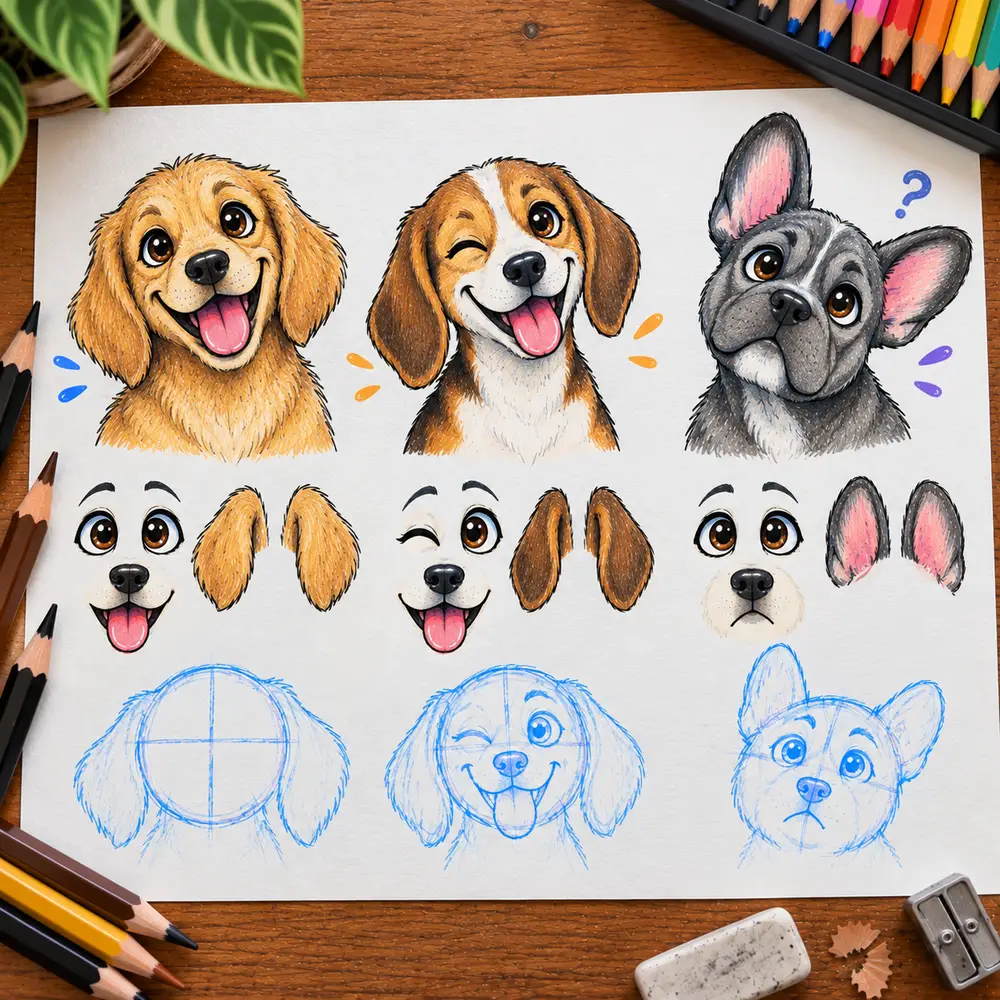 Three dog breeds (a Golden Retriever, a Beagle, and a French Bulldog) each broken into finished face, features, and construction sketch, showing how ear shape and expression create personality