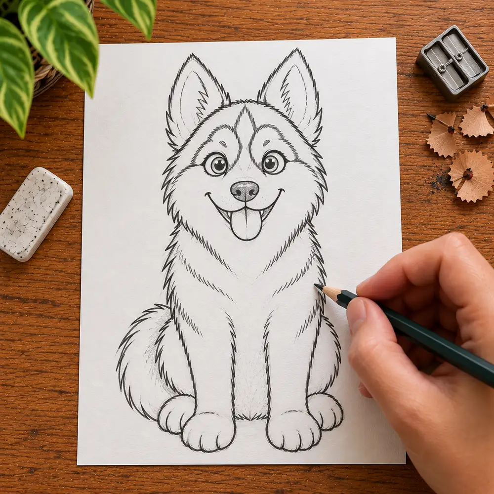 A finished cartoon husky sketch in clean line art, uncolored, with a hand drawing the final lines