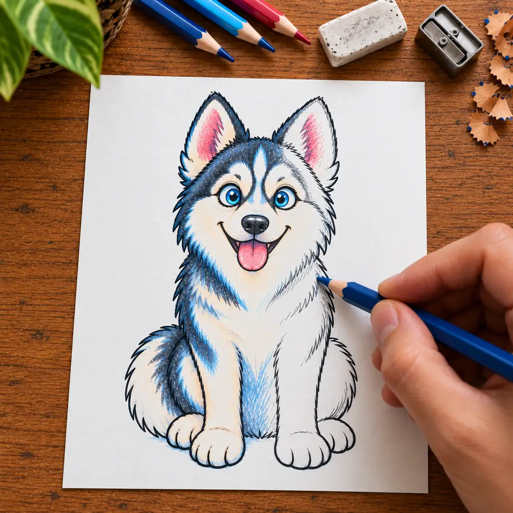 A cartoon husky partway through coloring, a hand adding blue pencil layers over the line art