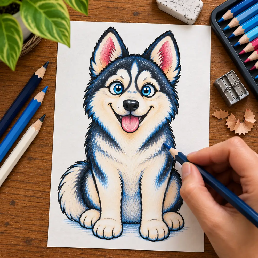 A finished, fully colored cartoon husky portrait with a hand holding the final pencil