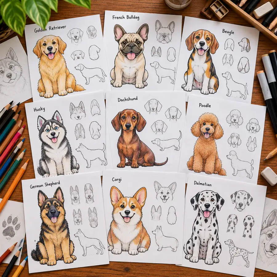 Nine dog breeds each shown as a construction sketch next to its finished cartoon, broken into head, muzzle, body and leg shapes