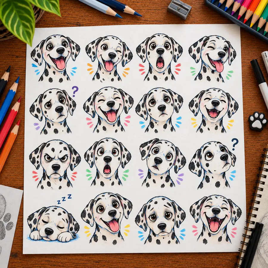 A sheet of sixteen cartoon dog facial expressions, from happy and sleepy to shocked and confused