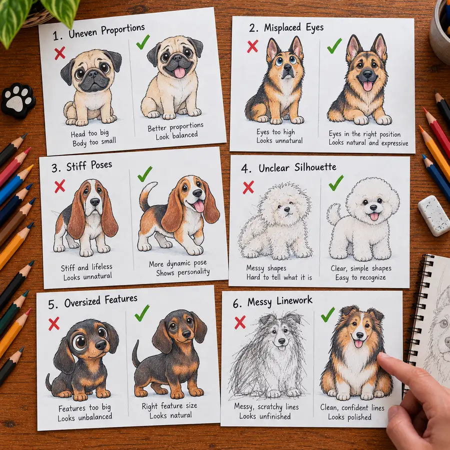 Six cartoon dog drawings compared side by side to show proportions, eye placement, pose, silhouette, feature size, and clean line quality
