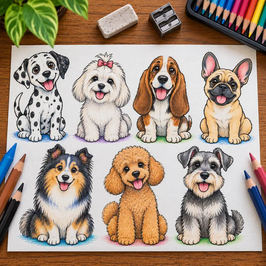 Seven finished cartoon dogs of different breeds, one for each day of the week