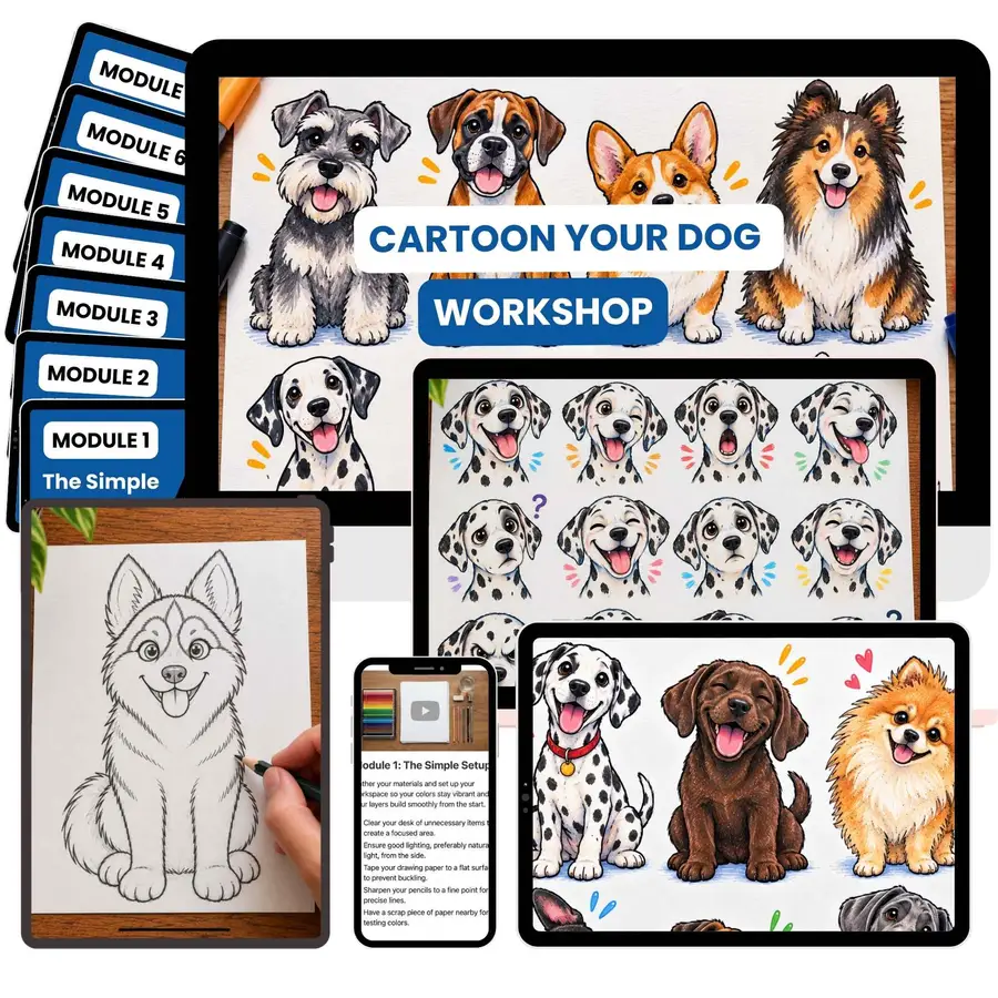 Cartoon Your Dog Workshop shown across tablet and phone mockups, with Module 1 lesson content and a finished cartoon husky