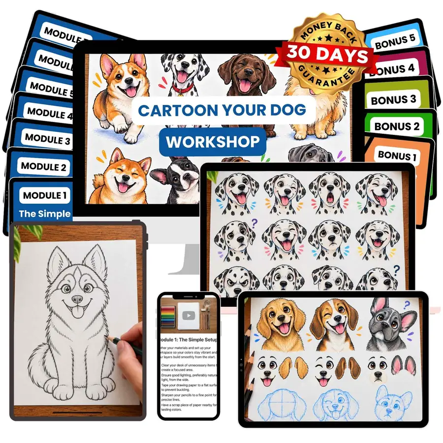 Cartoon Your Dog Workshop shown across device mockups, with a module card stack and finished cartoon dogs of different breeds