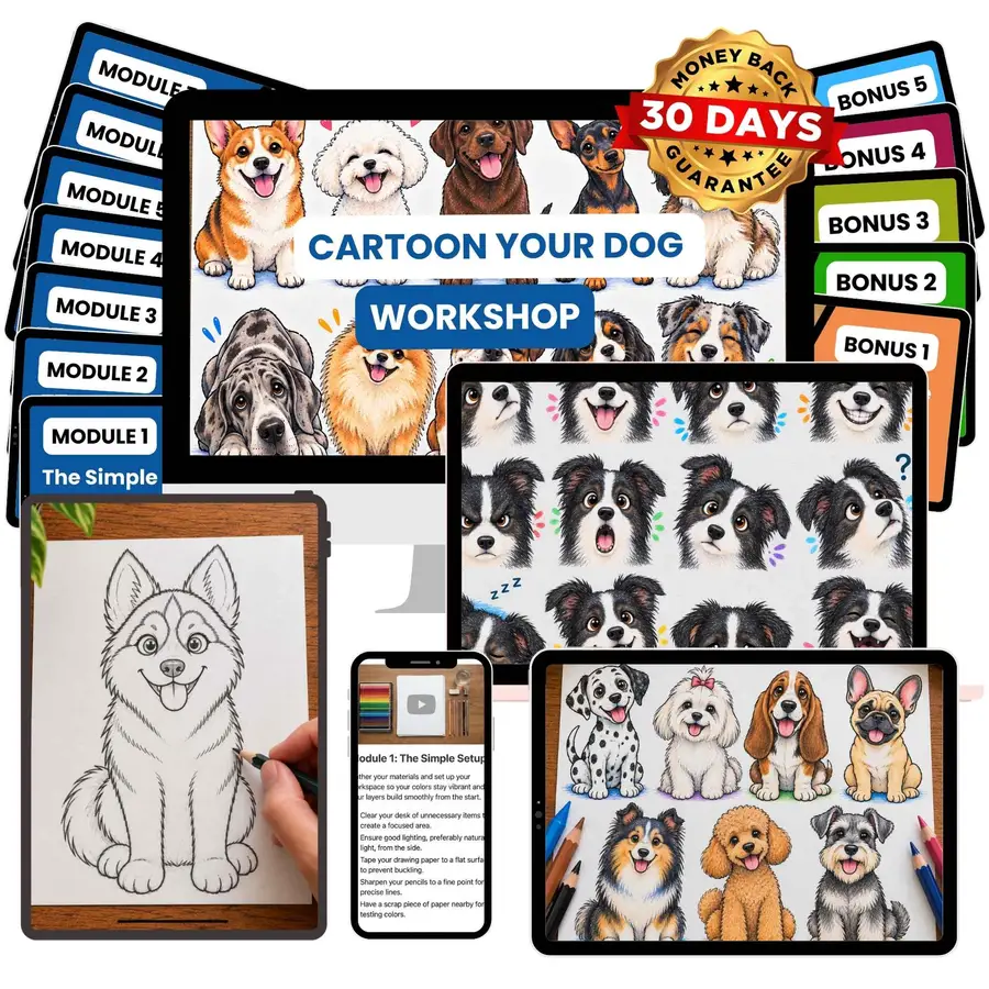 Cartoon Your Dog Workshop shown across device mockups, with a bonus card stack, a 30-day money-back guarantee badge, and finished cartoon dogs of different breeds