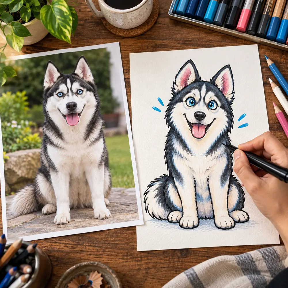 A husky reference photo next to its finished cartoon drawing, being colored in with a marker